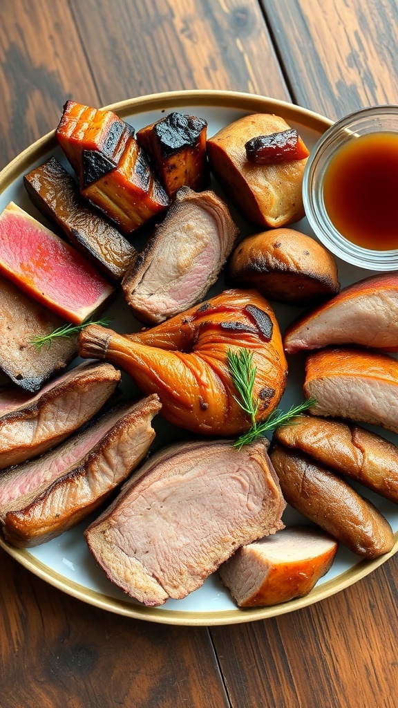 A plate of assorted cooked meats including steak, chicken, and pork, showcasing the carnivore diet.